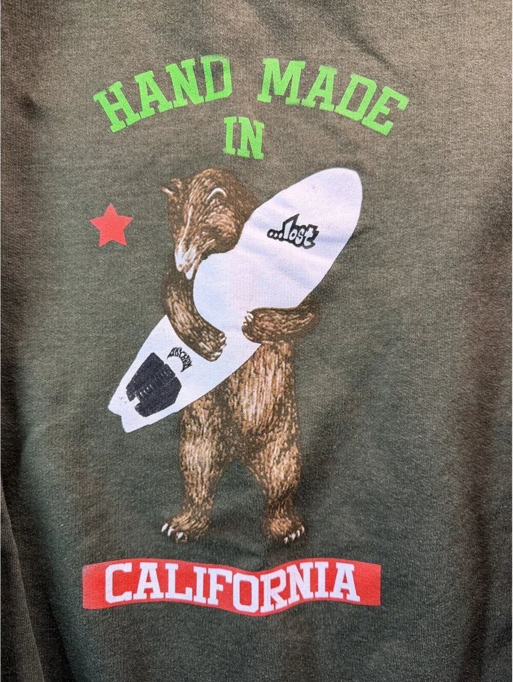 Lost Enterprises Crewneck Sweatshirt Mens Large Olive Green California Bear Surf